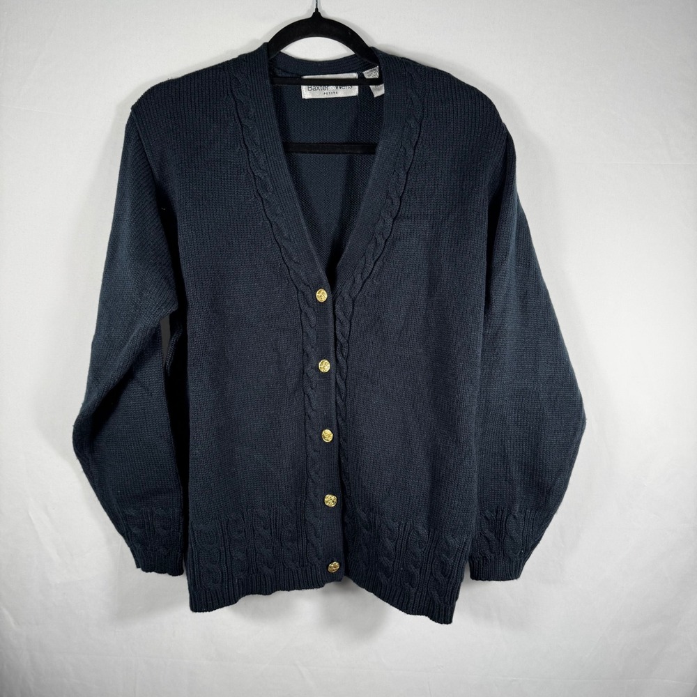 Baxter & Wells Petite Womens Cardigan Sweater Blue Cable Knit Gold Buttons Small